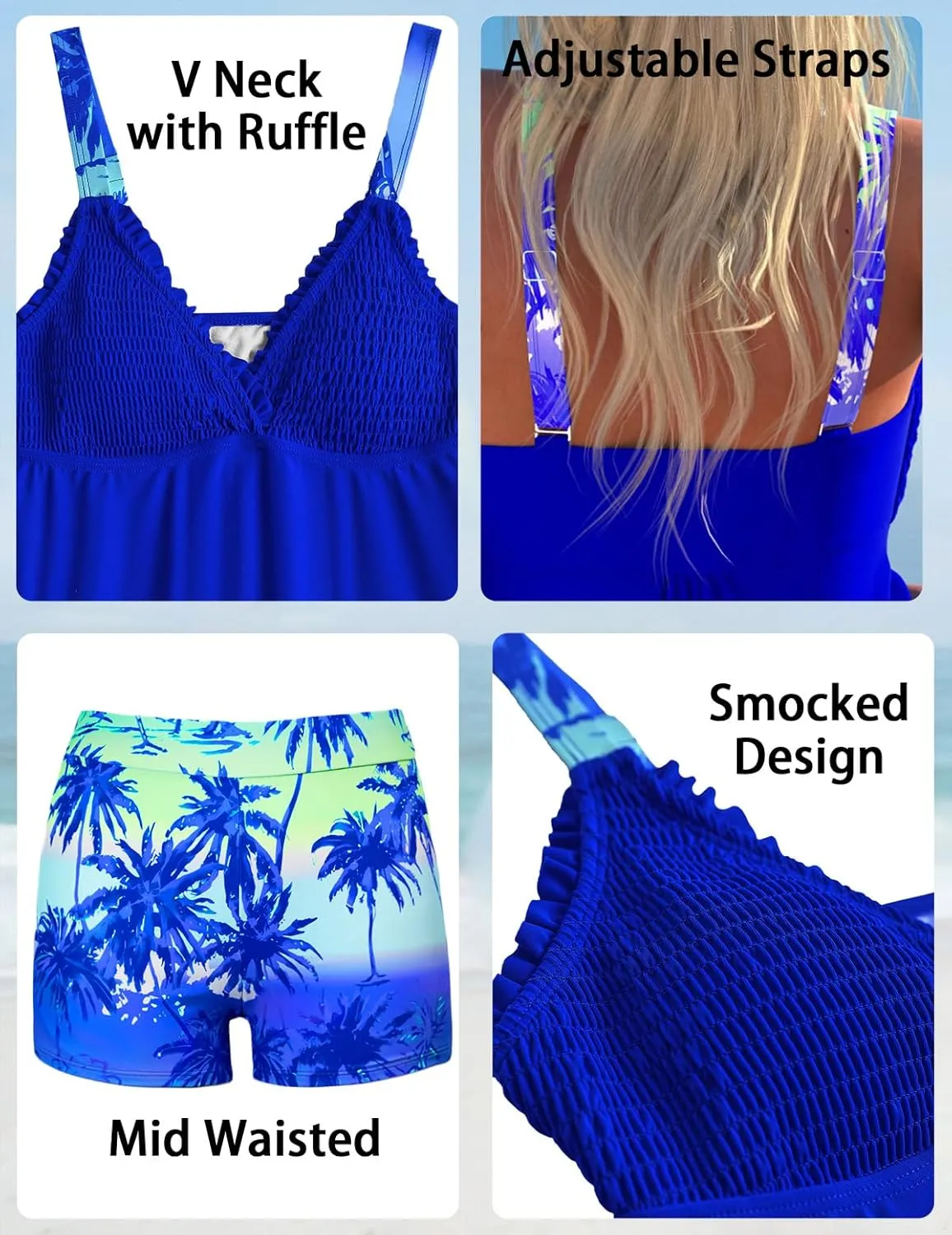 ROSEWE Womens Tankini Bathing Suits, Two-Piece Smocked Swim Dress, Print Swimsuits with Board Shorts