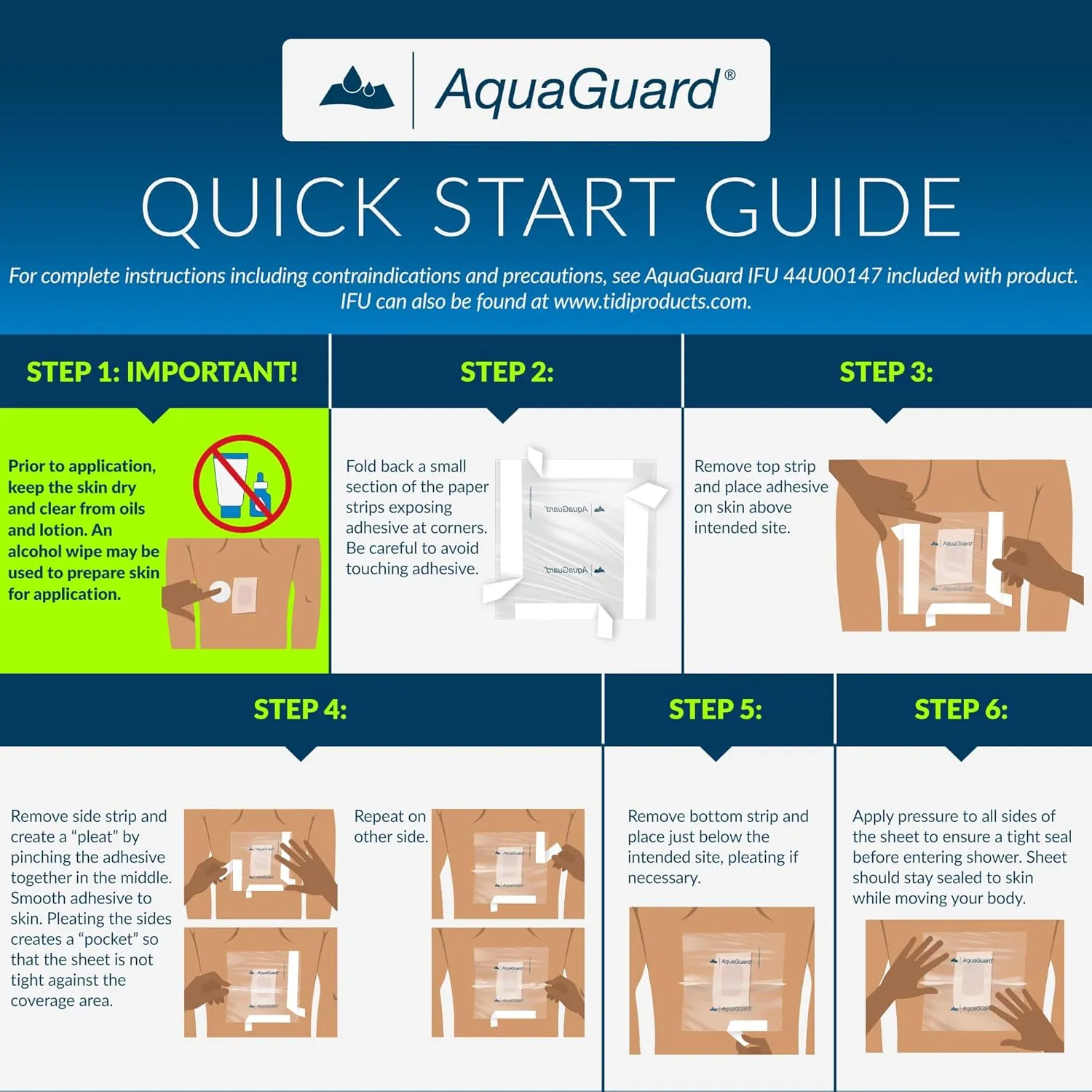 TIDI AquaGuard Sheet  7 x 7  Shower Protection Sheet  Self-Adhesive Moisture Barrier  Made without Latex  Wound Cover for Showering  98 Sheets Per Package  Home Medical Supplies (50010-CSE)