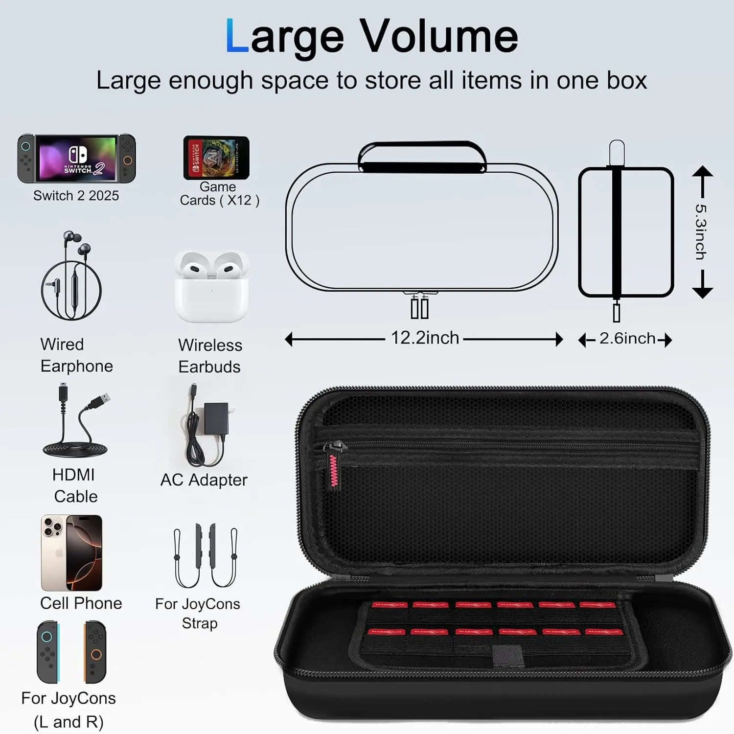 TZGZT [Longest Durable] Travel Carrying Case for Nintendo Switch 2 2025, Large Volume Accessories Bundle Holder, 2 Screen Protector, Hard Protective Cover Estuche Funda with 12-24 Game Cards, Black