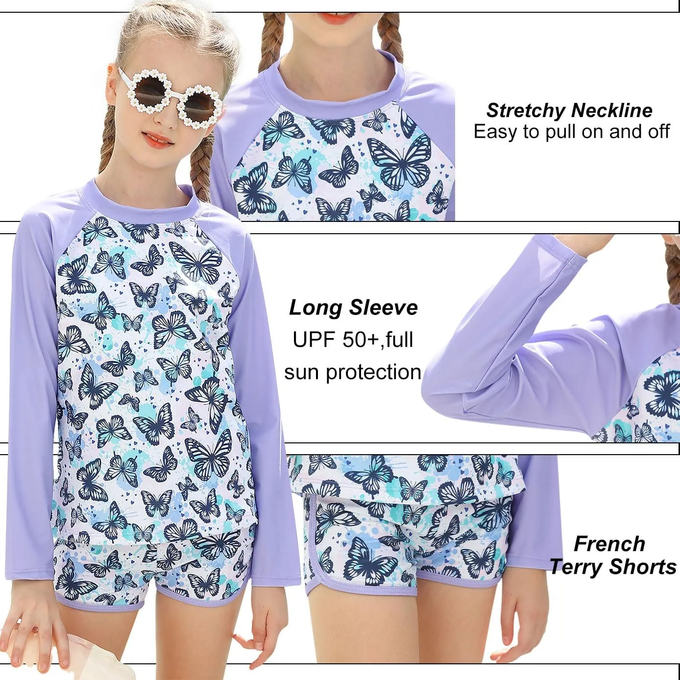 Vogseek Girls Rash Guard Two Pieces Swimsuit Long Sleeve Bathing Suit for 3-10 Years