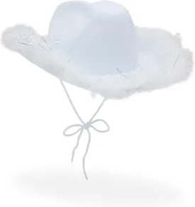 Zodaca White Cowboy Hat for Men and Women with Feathers, Western Felt Fluffy Cowgirl Hat for Costume, Dress Up Birthday, Bachelorette, and Bachelor Party Accessories
